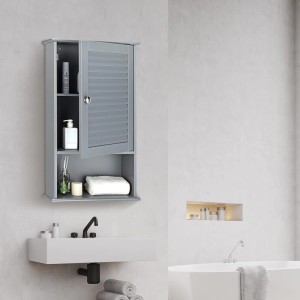 Grauer Costway Hängeschrank im Bad, mit offener Lamellentür, verstellbaren Fächern und offenem Regal über dem Waschbecken.