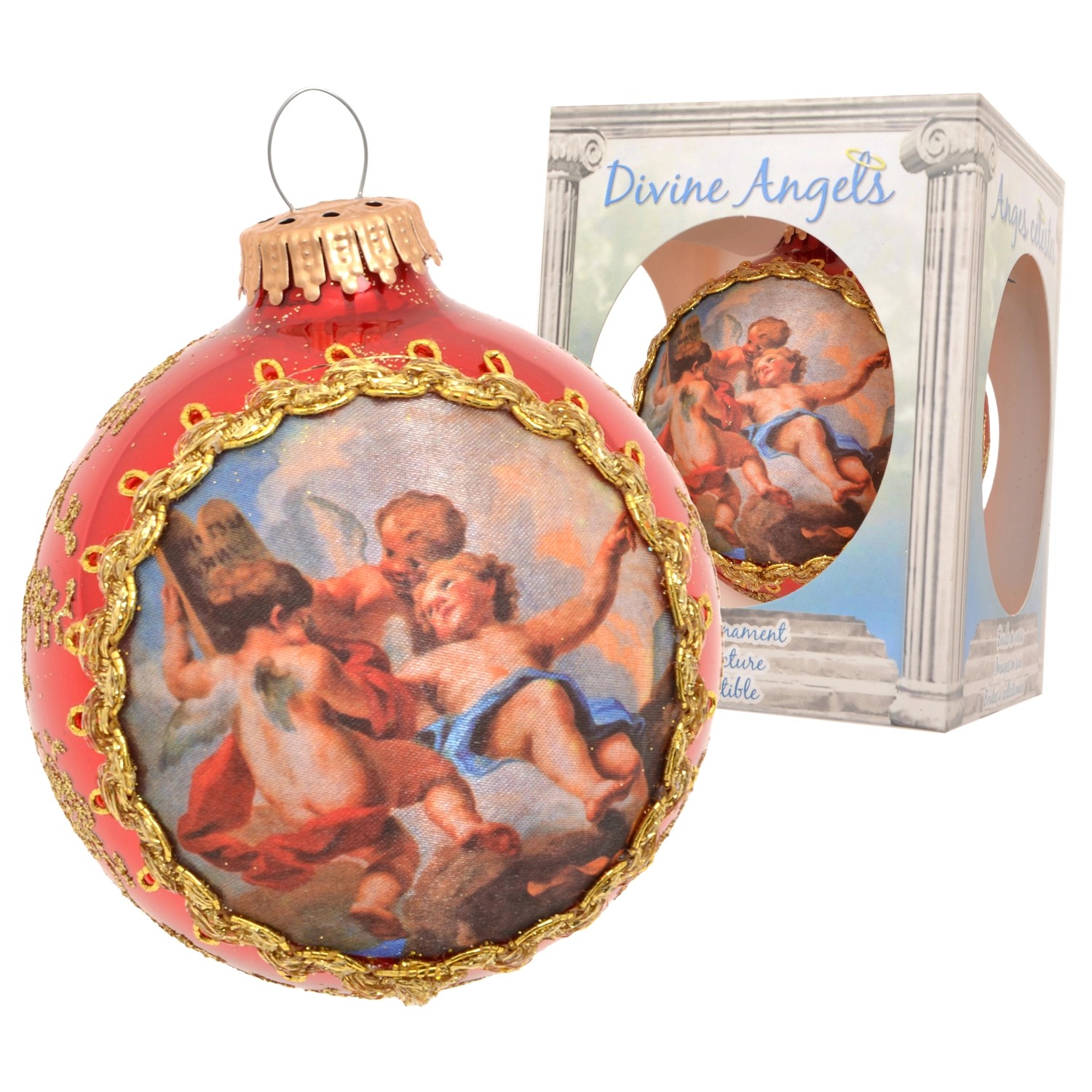 Krebs Glas Lauscha Weihnachtskugel Seidenbild Engelskinder Rot 8cm