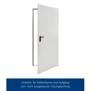 Geöffnete, weiße Hörmann ZK Innentür mit Drückergarnitur und Stahlzarge, DIN rechts.