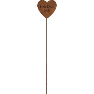 Rostfarbener Gartenstecker Herz mit "Hab Dich Lieb" Schriftzug, 35 cm hoch.