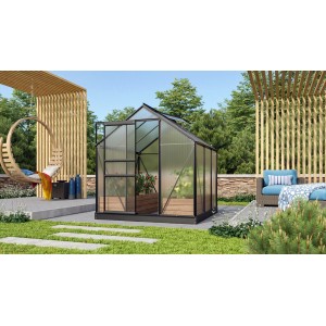 Vitavia Gewächshaus Venus 3800, schwarzer Rahmen, 3,8 m². Zur Pflanzenaufzucht im Garten.