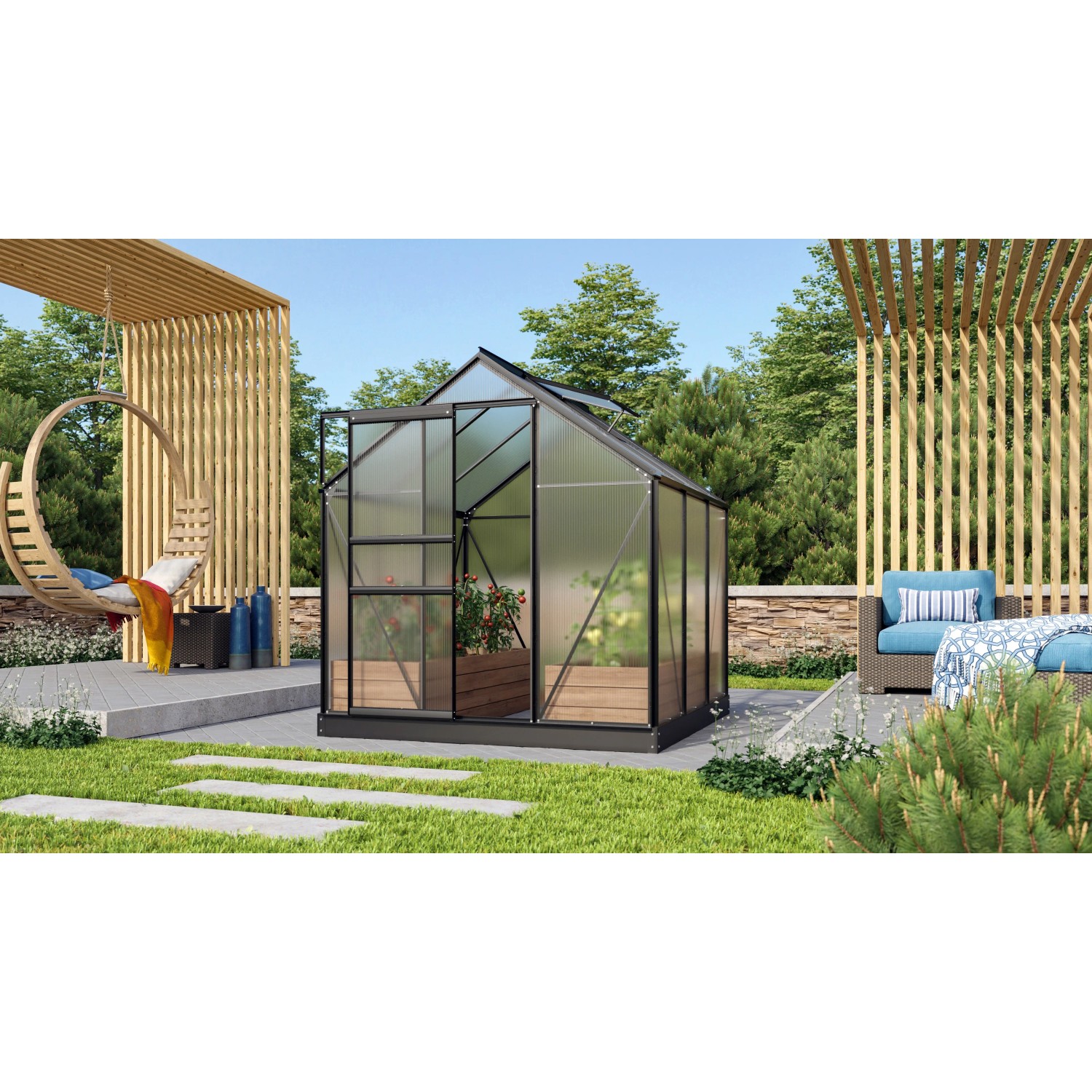 Vitavia Gewächshaus Venus 3800, schwarzer Rahmen, 3,8 m². Zur Pflanzenaufzucht im Garten.
