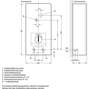 Skizze des Vaillant Durchlauferhitzers VED E 21/8 PRO, Front- und Seitenansicht mit Maßangaben.