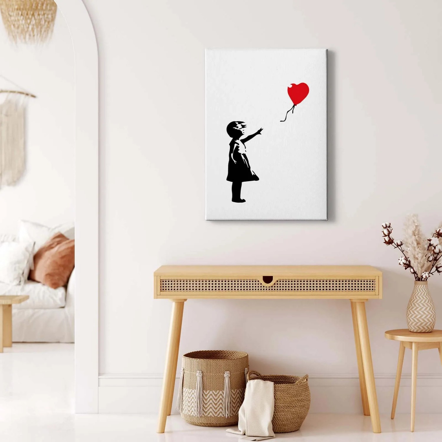 Modernes Wandbild: Mädchen mit rotem Ballon im Industrial Style. Leinwandbild für Büro und Jugendzimmer.