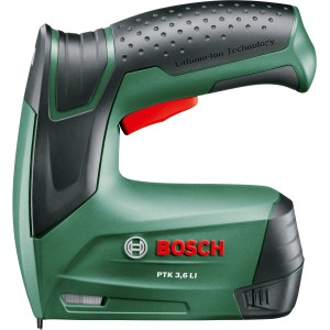 Bosch Akku-Tacker PTK 3,6 Li, grüner Elektrotacker mit rotem Auslöser.