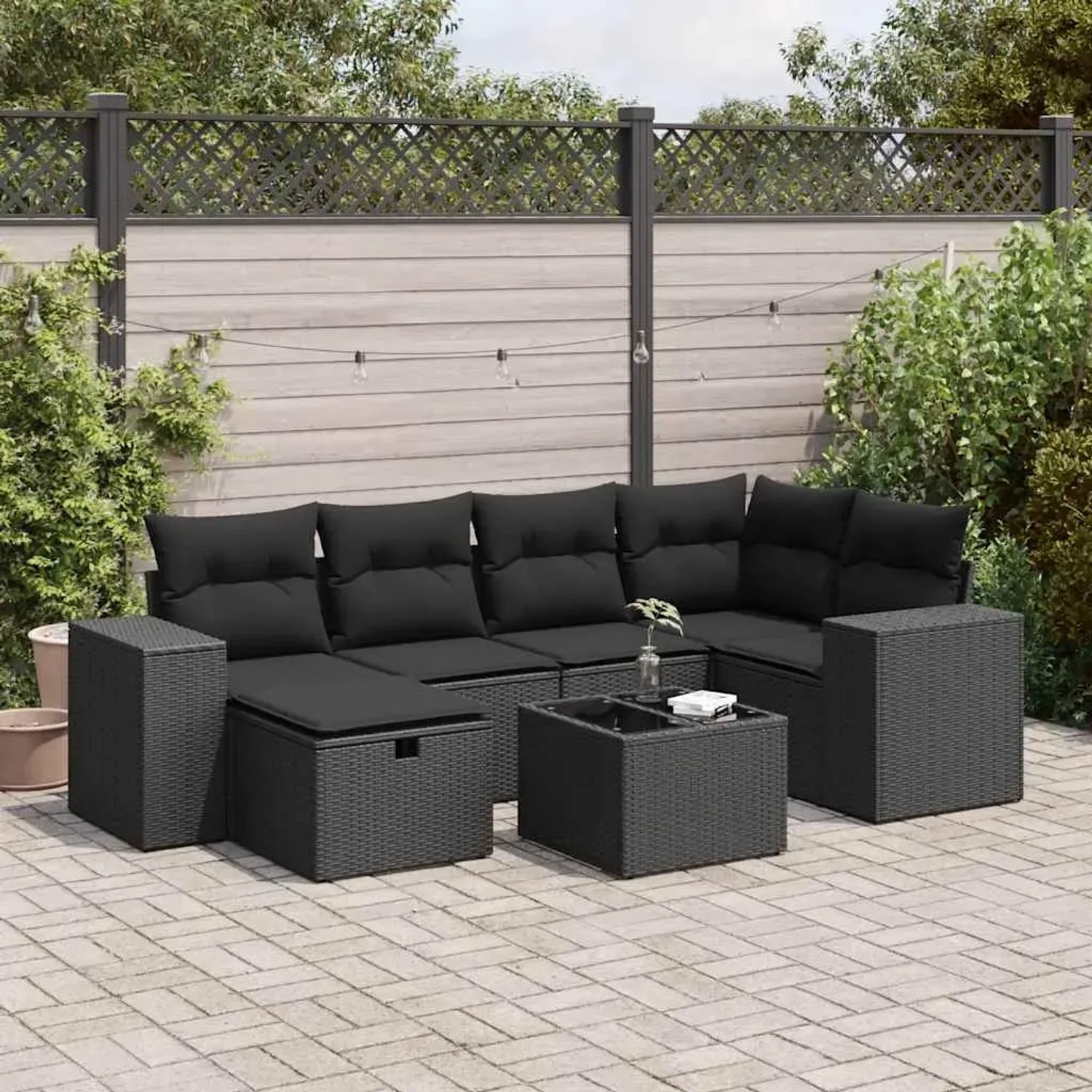 Schwarze 7-tlg. vidaXL Garten-Sofagarnitur aus Poly Rattan mit Kissen für Terrasse & Garten.