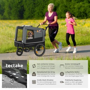 Grauer Tectake Hundeanhänger Woofrider als Jogger mit Hund und zwei Personen.