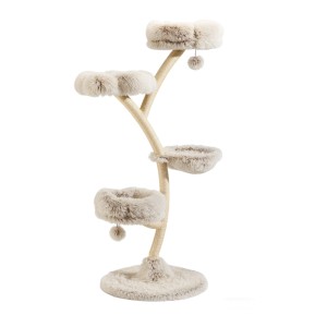 Beiger Fudajo Designer Kratzbaum, 155 cm hoch, mit vier Plüsch-Etagen, Sisalstamm und Spielbällen für Katzen.