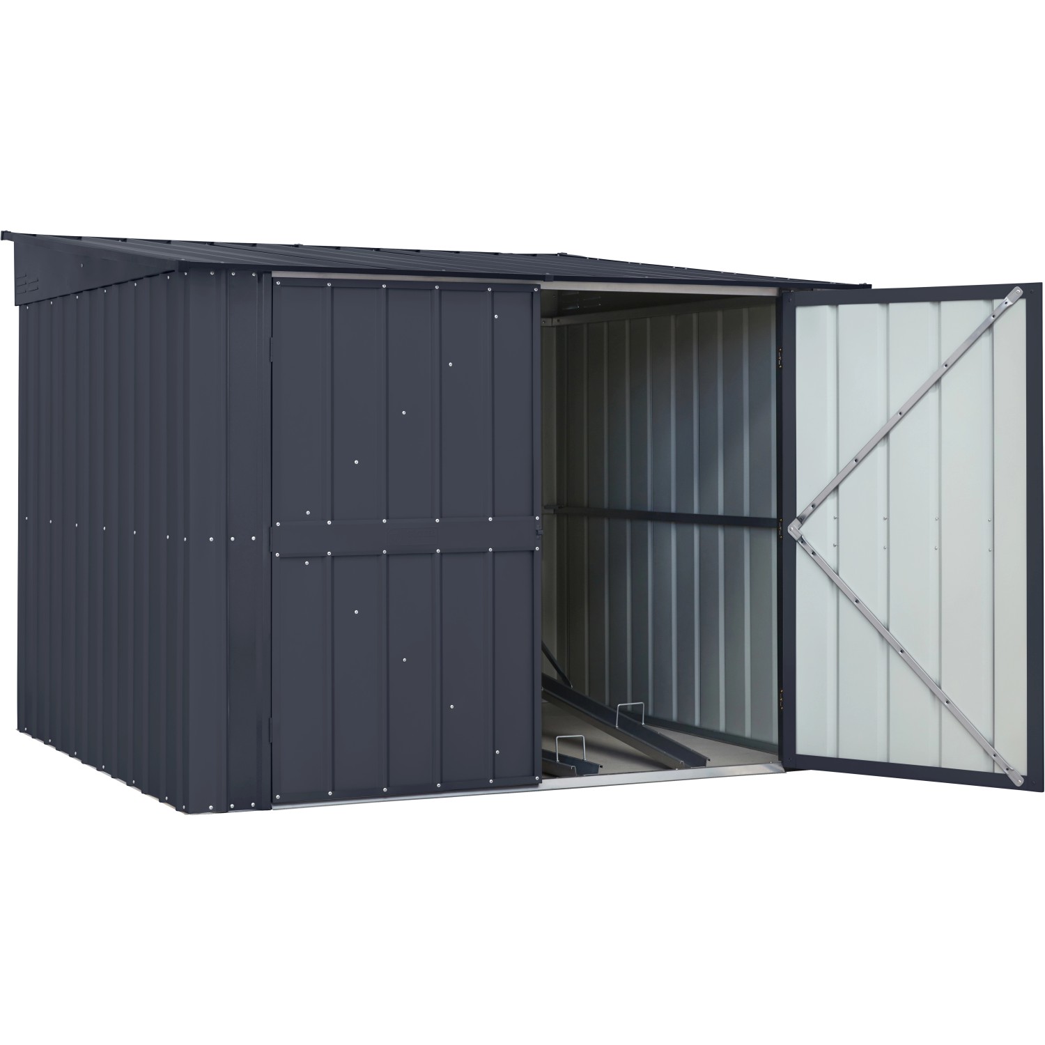 Globel Fahrradbox Family in Anthrazit mit geöffneten Türen und 4 Fahrradhaltern.