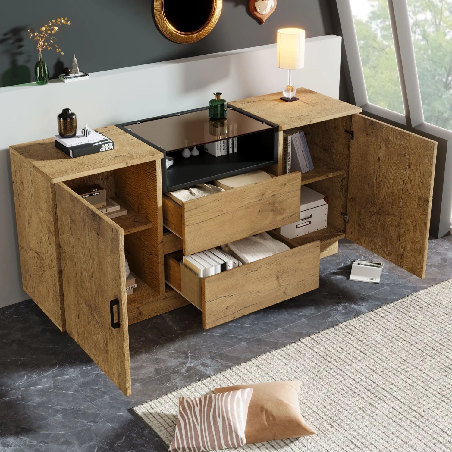 Modernes Sideboard Eiche mit Glasplatte, 2 Schubladen und Türen. Wohnzimmerschrank mit viel Stauraum.
