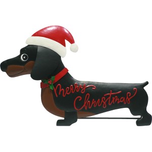 Deko-Weihnachtshund aus Metall, 31x3,5x46cm, mit Weihnachtsmannmütze und "Merry Christmas" Schriftzug.