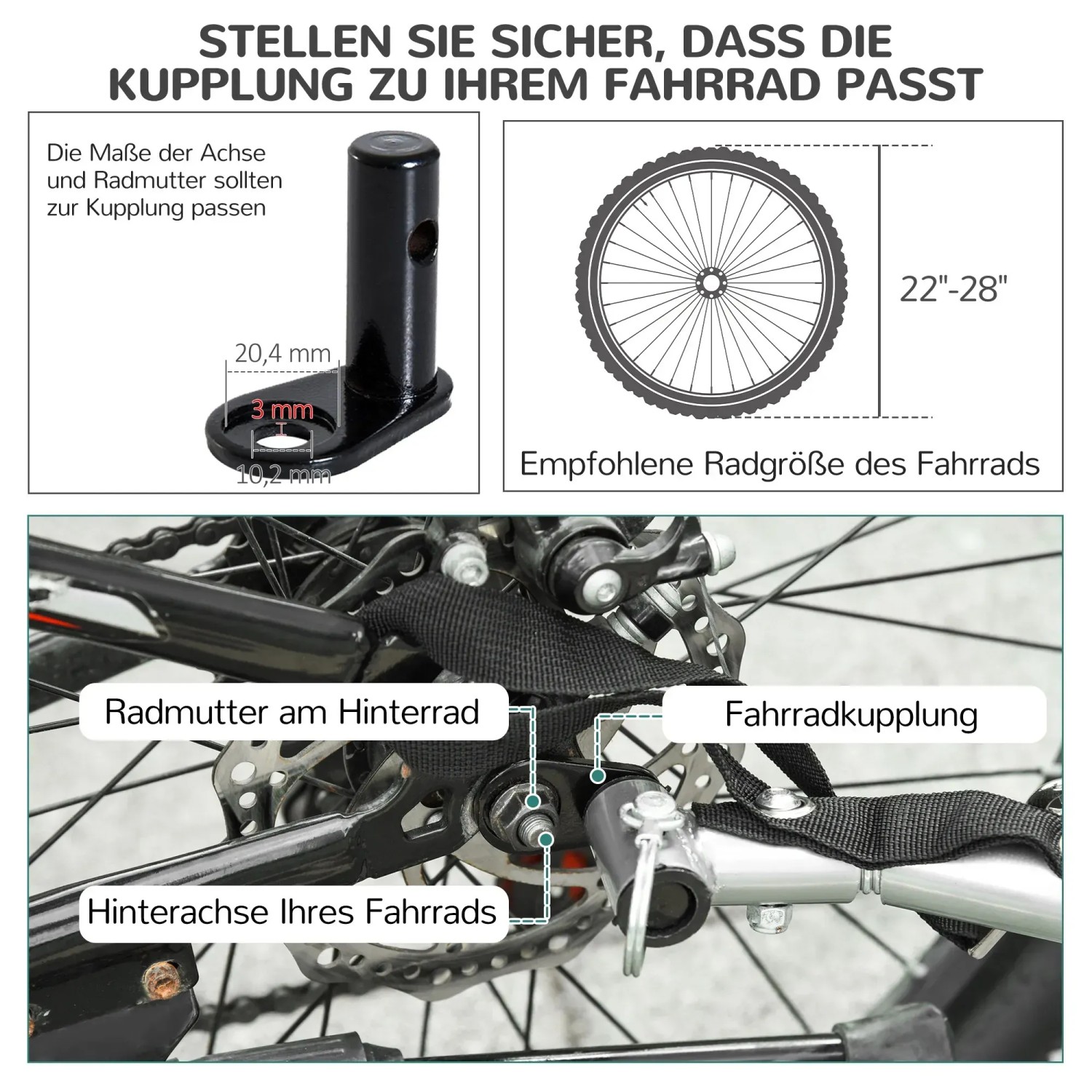 Detailaufnahme der Fahrradkupplung für PawHut Hundeanhänger, Montage am Hinterrad.