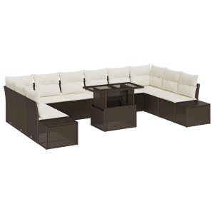 Braunes 11-teiliges vidaXL Garten-Sofa-Set aus Rattan mit Tisch und cremefarbenen Kissen.