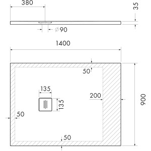 Technische Zeichnung Ottofond Duschwanne Extraflach Nevis, 140x90 cm, Maße und Details.