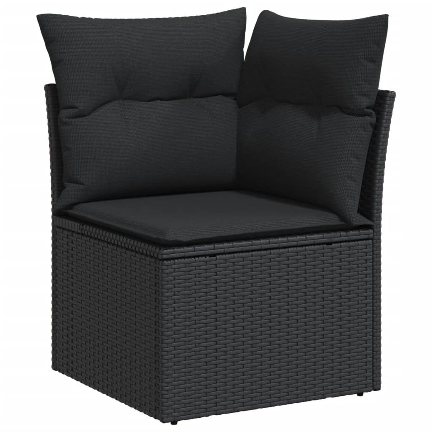 Schwarzes vidaXL Garten-Ecksofa aus Rattan mit Kissen, Teil einer Sofagarnitur.