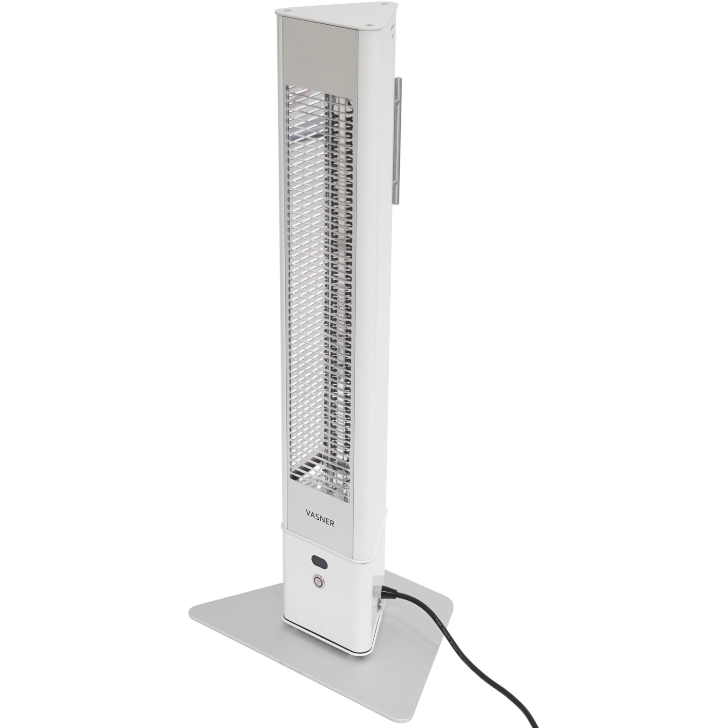 Weißer Vasner Infrarot-Standheizstrahler HeatTower Mini 1500W mit Fernbedienung.
