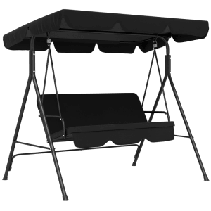 Schwarze Outsunny Hollywoodschaukel 3-Sitzer mit gepolsterter Sitzfläche und Sonnendach. Robuste Schaukelbank für Garten.