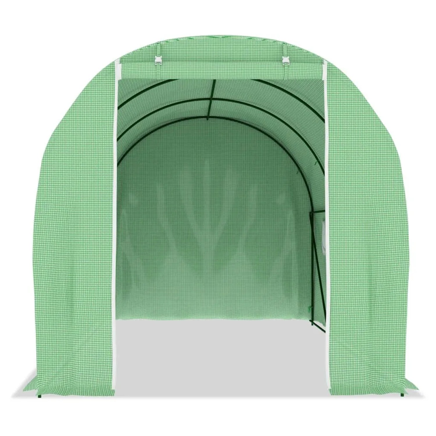 Grünes vidaXL Gewächshaus aus PE-Netzgewebe mit verzinktem Stahlrahmen, 9 m² (4,5x2x2 m), offener Eingang für Garten.