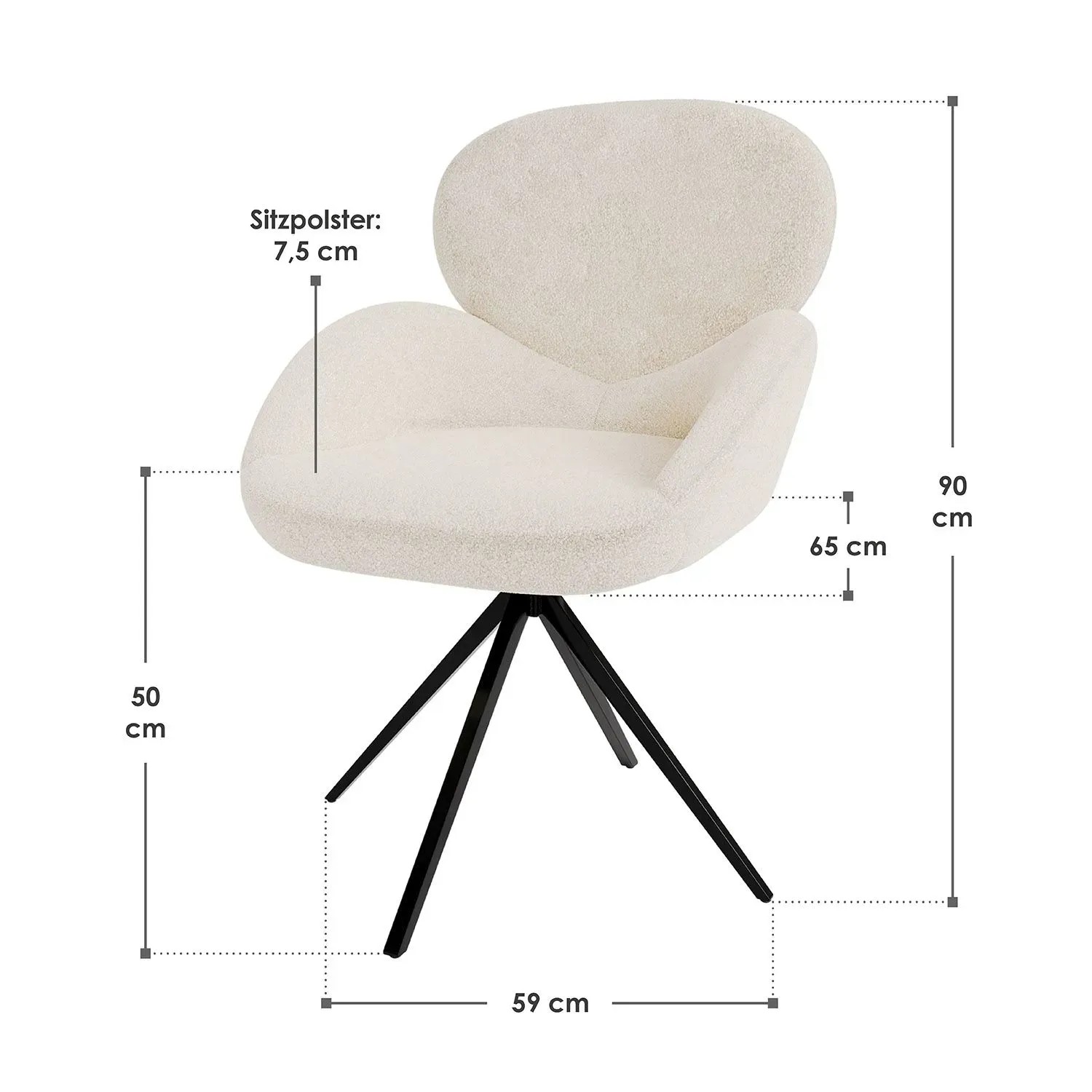 Juskys Drehstuhl Albano Bouclé Creme 6er Set, gepolsterter Stuhl mit schwarzem Metallfuß und Maßangaben.