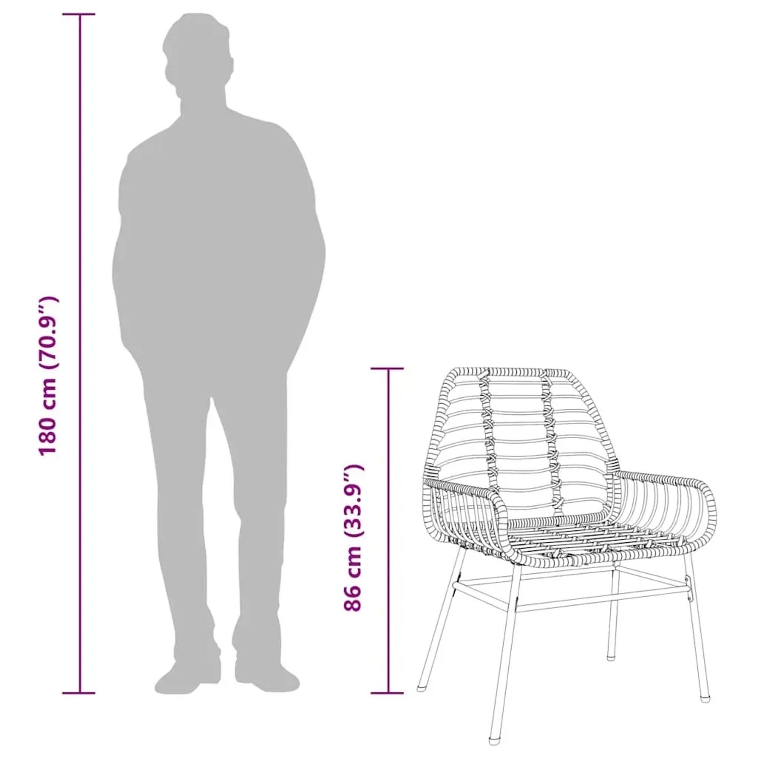 Abbildung eines Gartenstuhls aus Polyrattan mit Maßangaben, Teil eines 9-teiligen Esszimmersets von vidaXL.