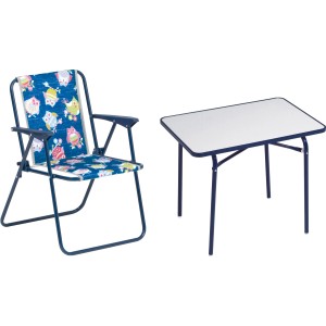 Blaues Kinder-Camping-Set, 3-teilig: Tisch mit weißer Platte und Stühle mit Eulendruck.
