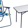 Blaues Kinder-Camping-Set, 3-teilig: Tisch mit weißer Platte und Stühle mit Eulendruck.