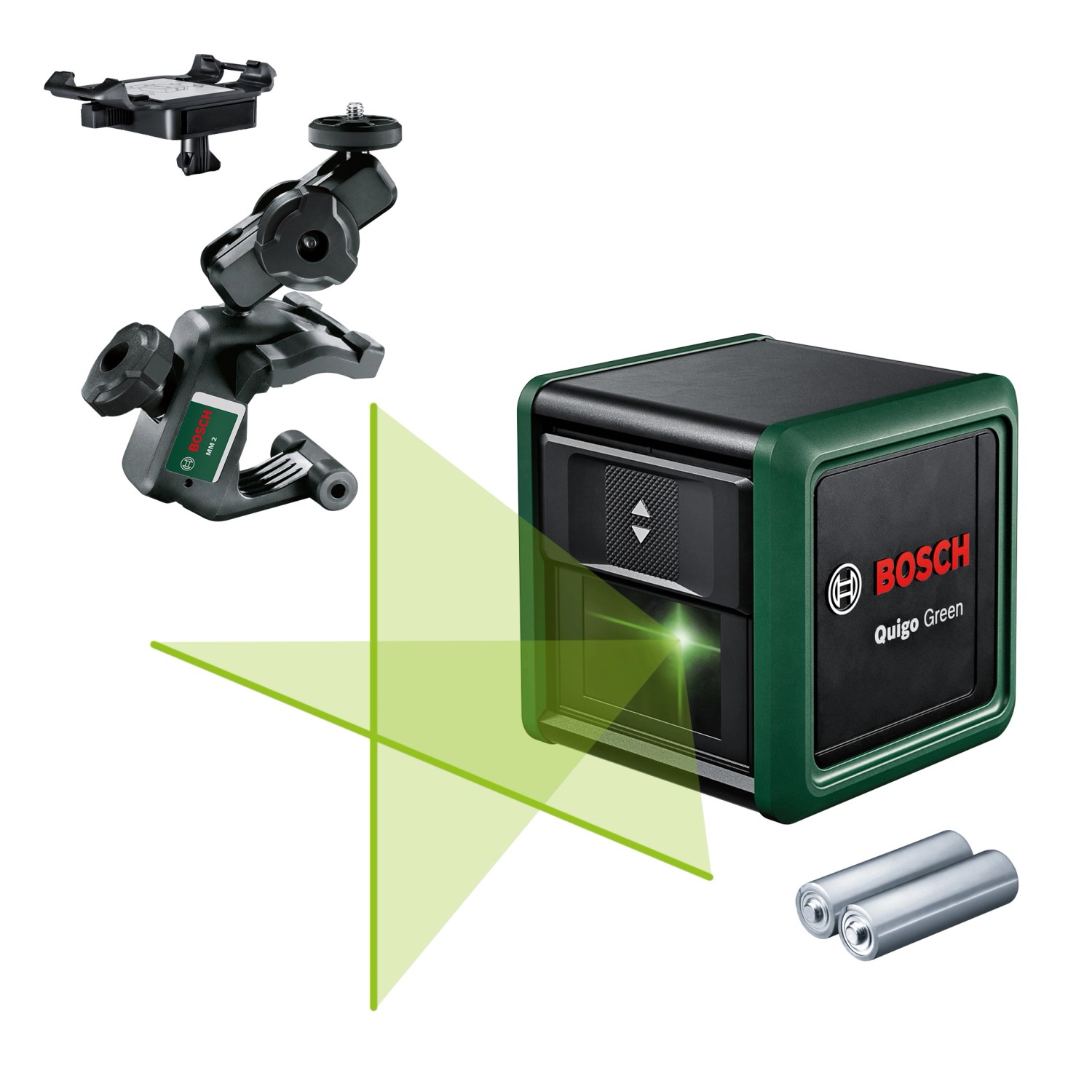 Bosch Quigo Green Kreuzlinienlaser mit Zubehör und grünen Laserlinien.