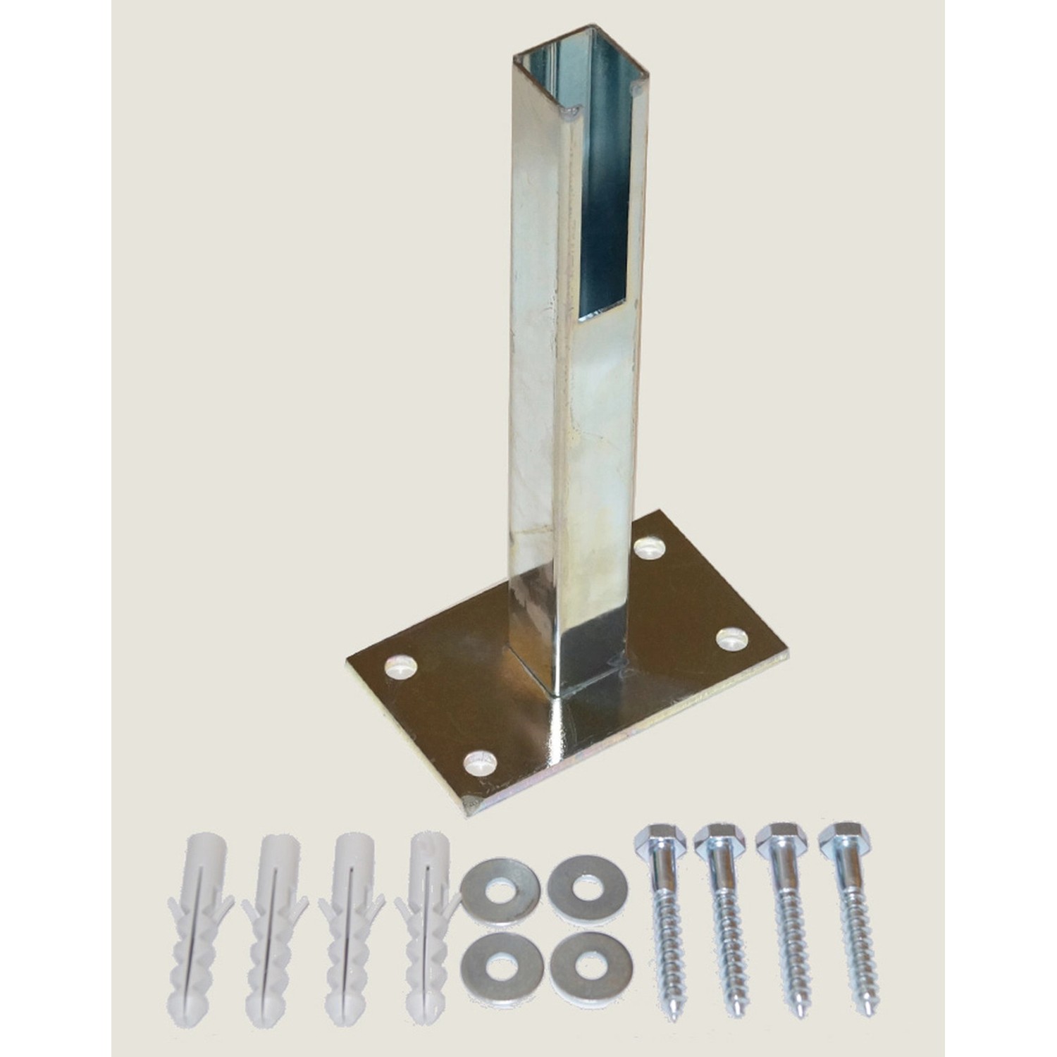 Gabiona Pfostenschuh 4x4x15 cm, galvanisch verzinkt, mit Schrauben und Dübeln für Mauersysteme.