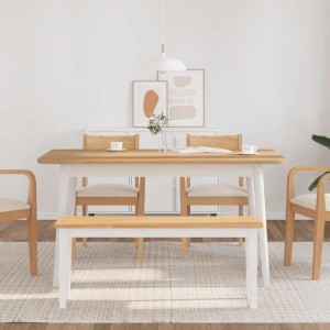 Weiße vidaXL Bank 110 cm aus Massivholz mit Gummibaumholz-Sitzfläche im Essbereich.