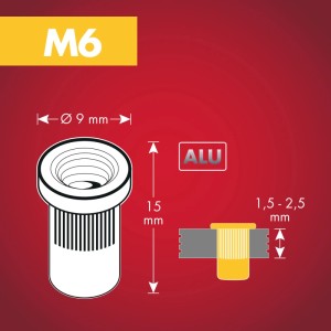 Arrow Nietmutter RN M6 Alu Ø 9 mm x 15 mm 50 Stück