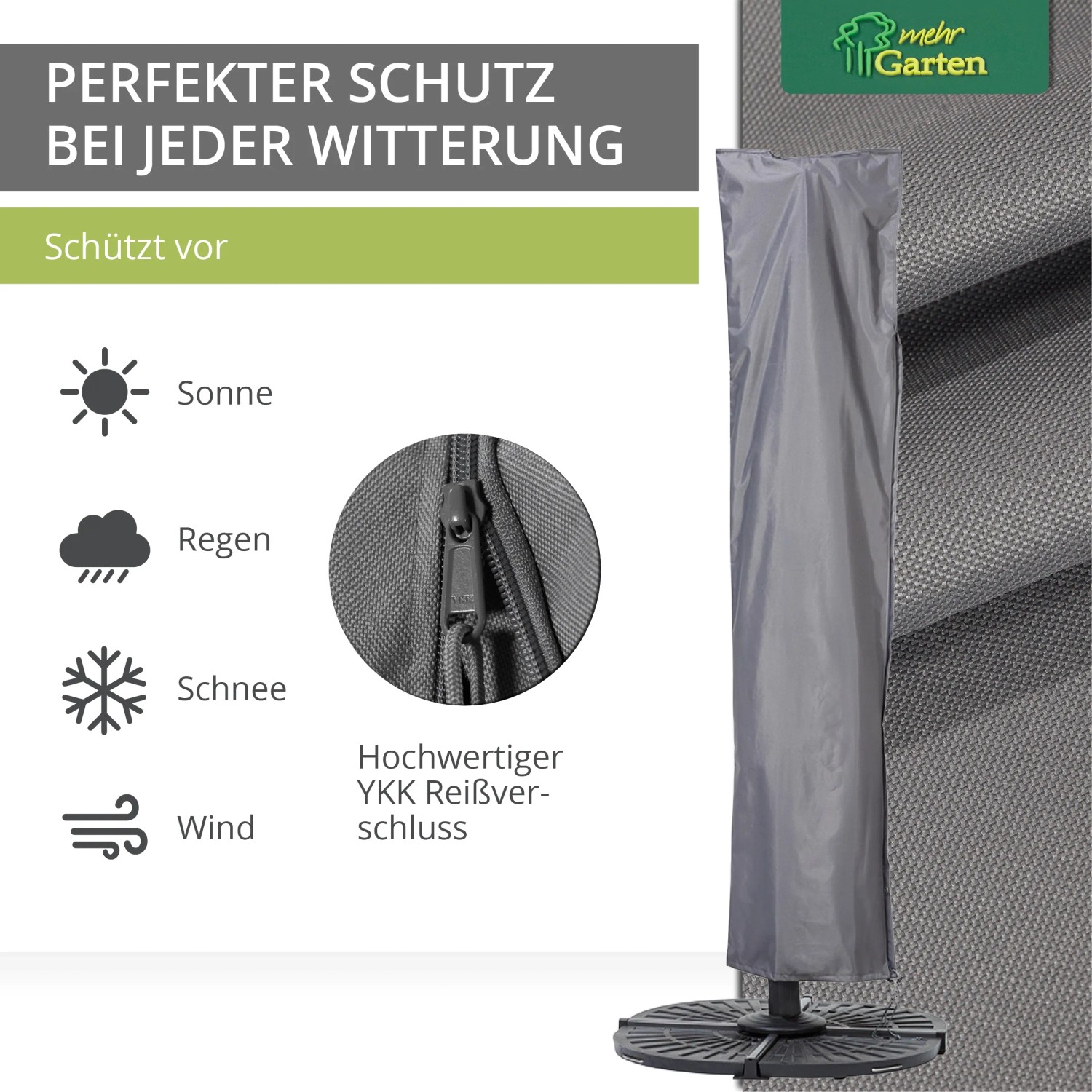 Graue Schutzhülle für Ampelschirm von Mehr Garten, passend für runde und eckige Schirme.