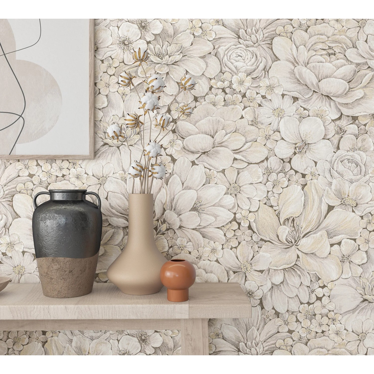 Marburg Vliestapete Botanica 2, florales Muster in Grau-Beige. Dekorative Tapete für Wohnräume.