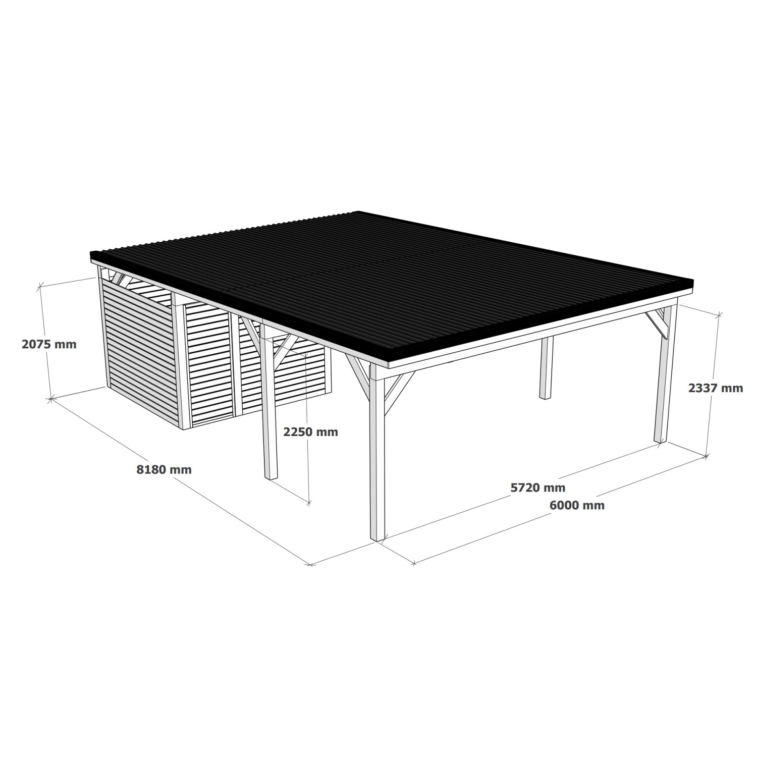 Holzbrüder Doppelcarport Ralf mit Geräteraum, naturbelassen, mit Maßen.