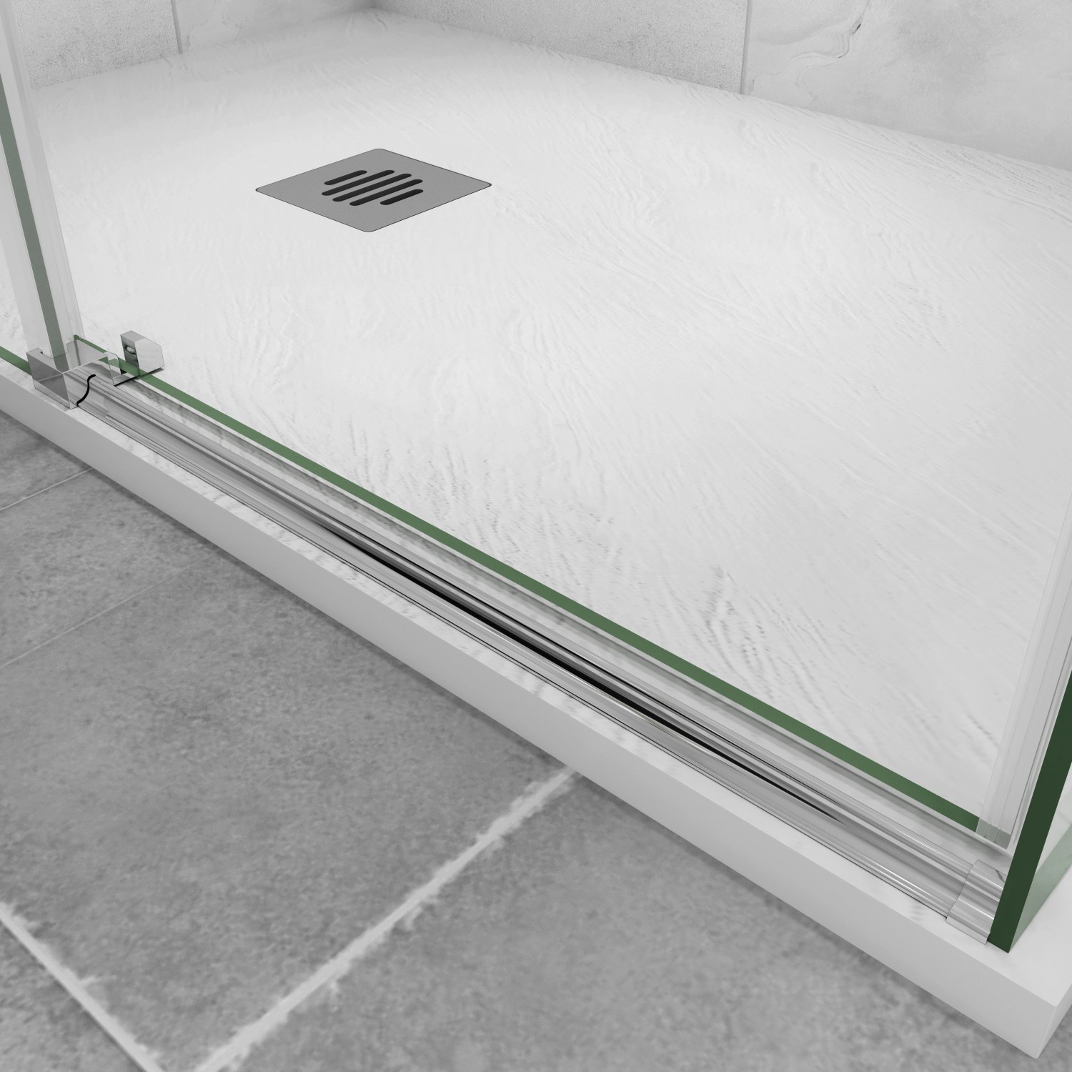 Detailaufnahme: AICA Duschkabine Schiebetür mit Chromrahmen und Sicherheitsglas, ohne Duschtasse.