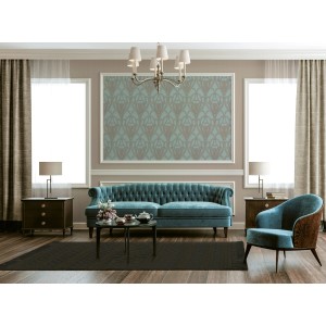 Wohnzimmer mit türkiser Barock Vliestapete mit braunen Akzenten.