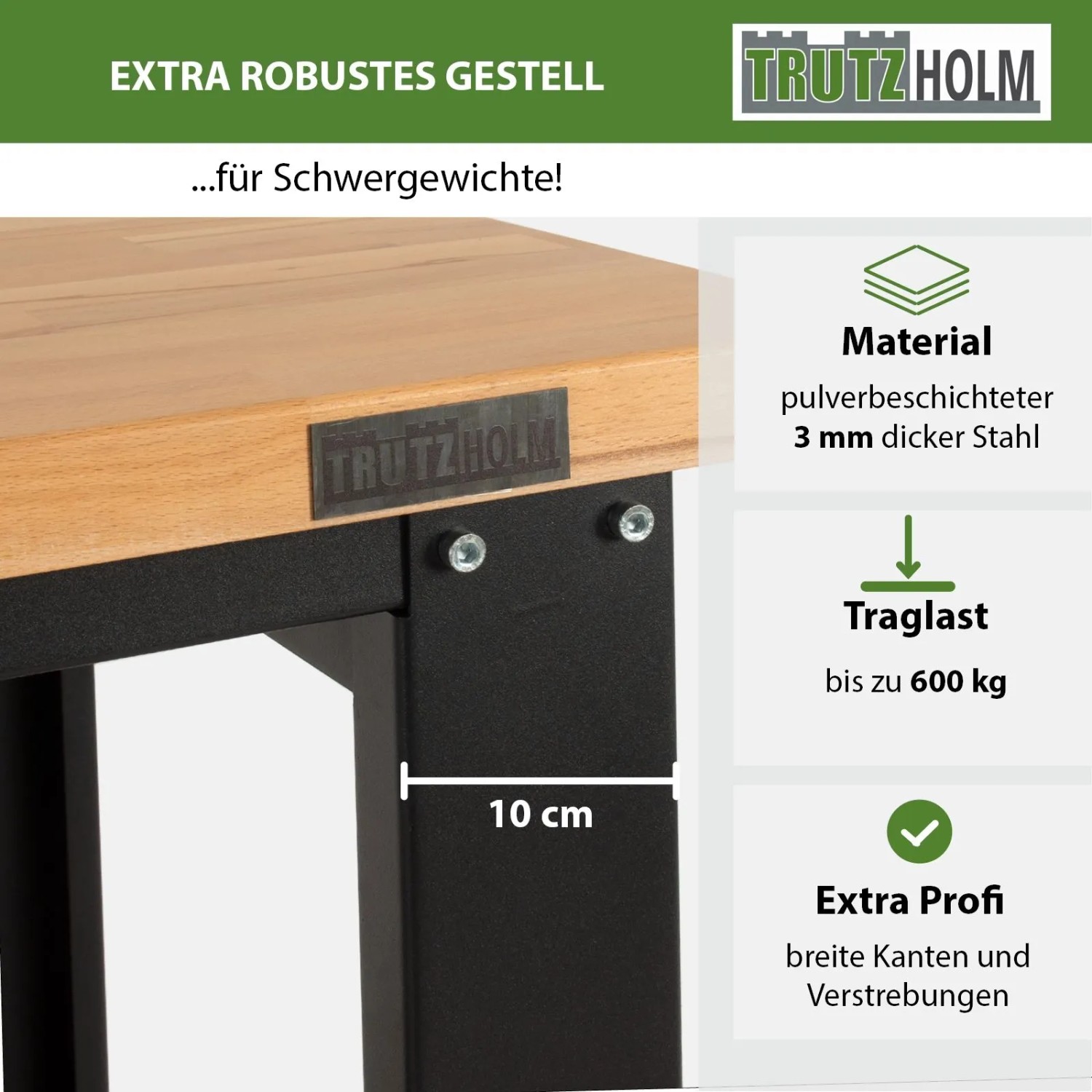 Detailansicht der TRUTZHOLM Werkbank Profiline XL: Robuste Stahlkonstruktion mit Holzplatte.