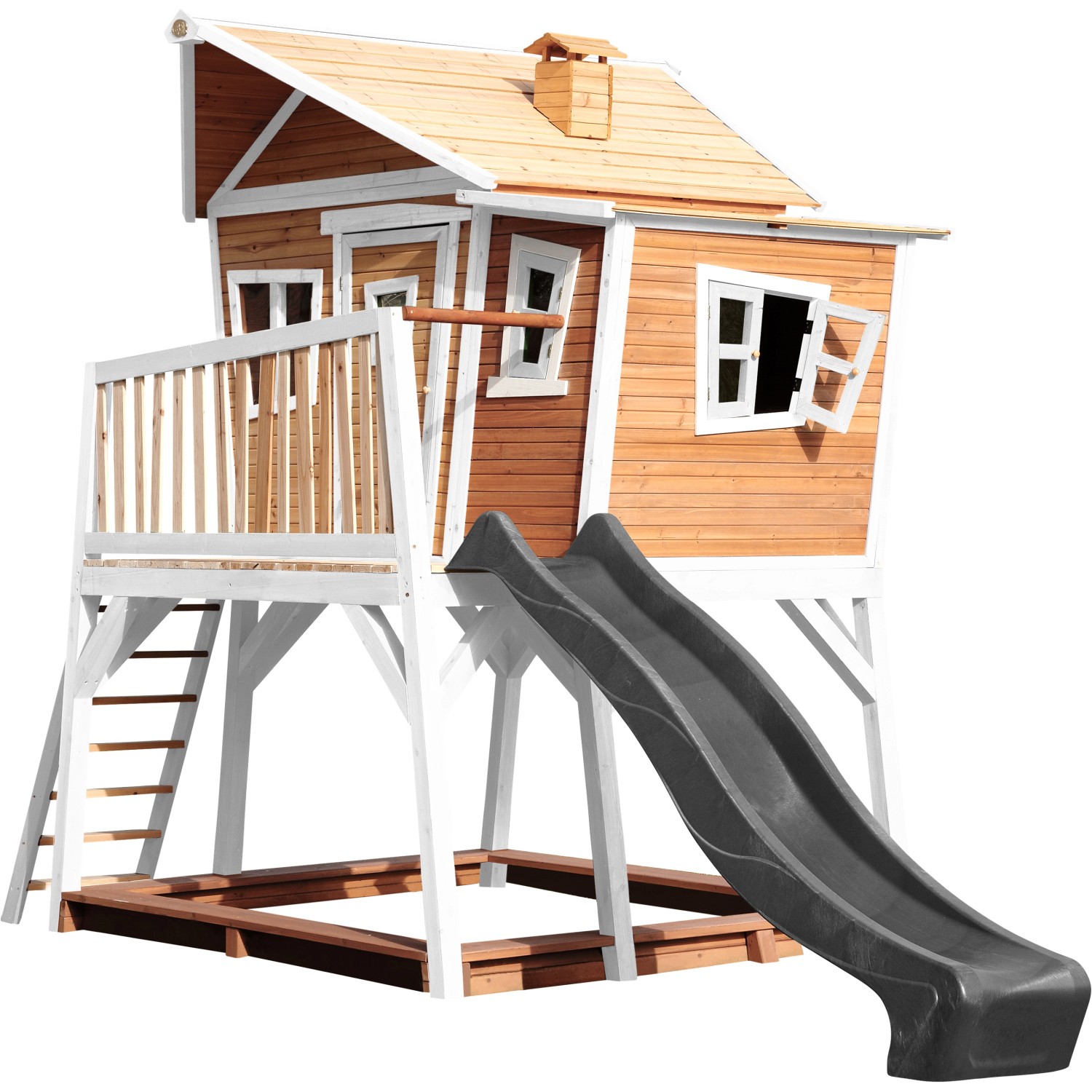 Axi Max Spielhaus mit Rutsche, Sandkasten und Leiter in Braun, Weiß und Grau. Ideal für Kinder zum Spielen im Garten.