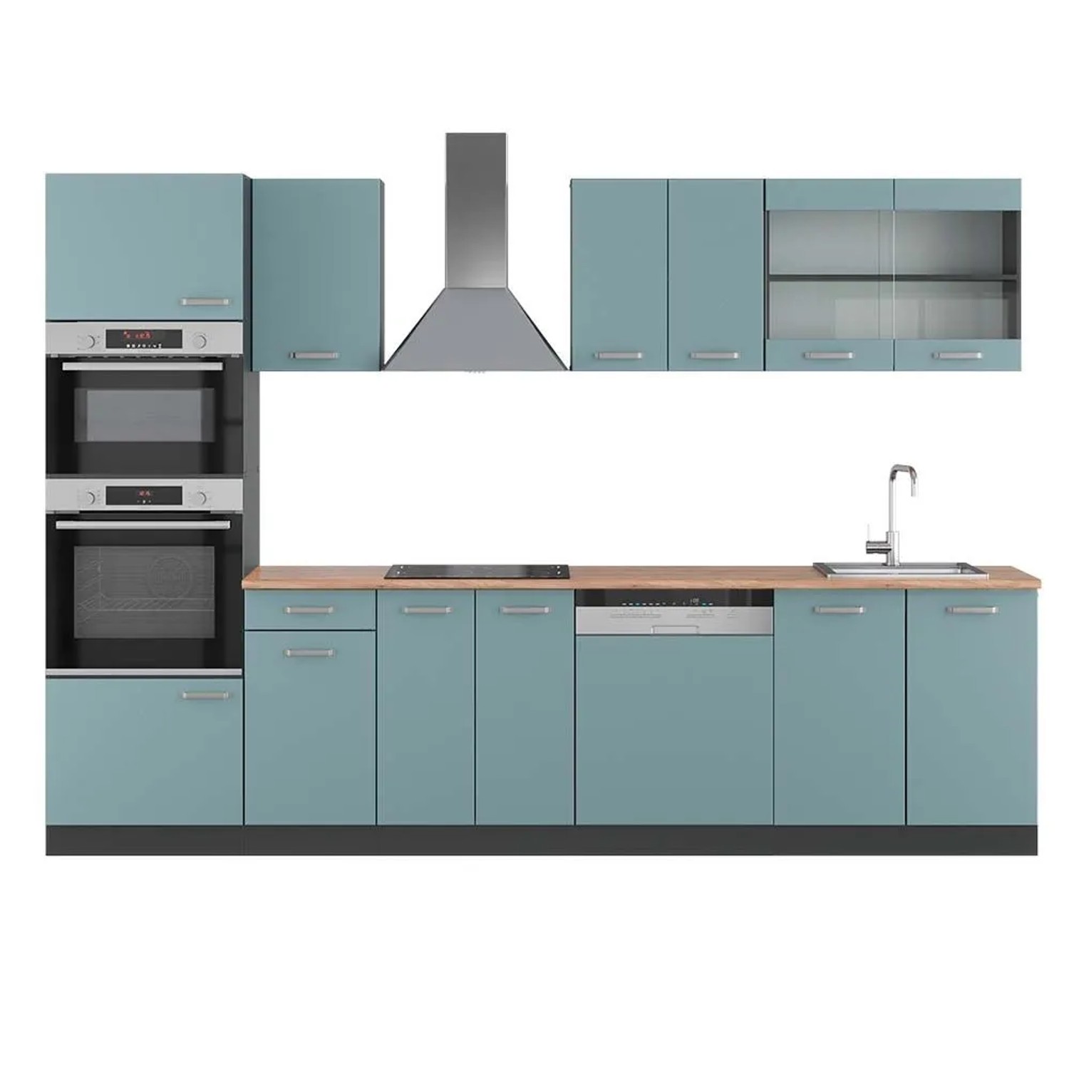 Vicco R-Line Küchenzeile Blau-Grau Anthrazit 300 cm mit HochschrankAP Eiche ohne E-Geräte