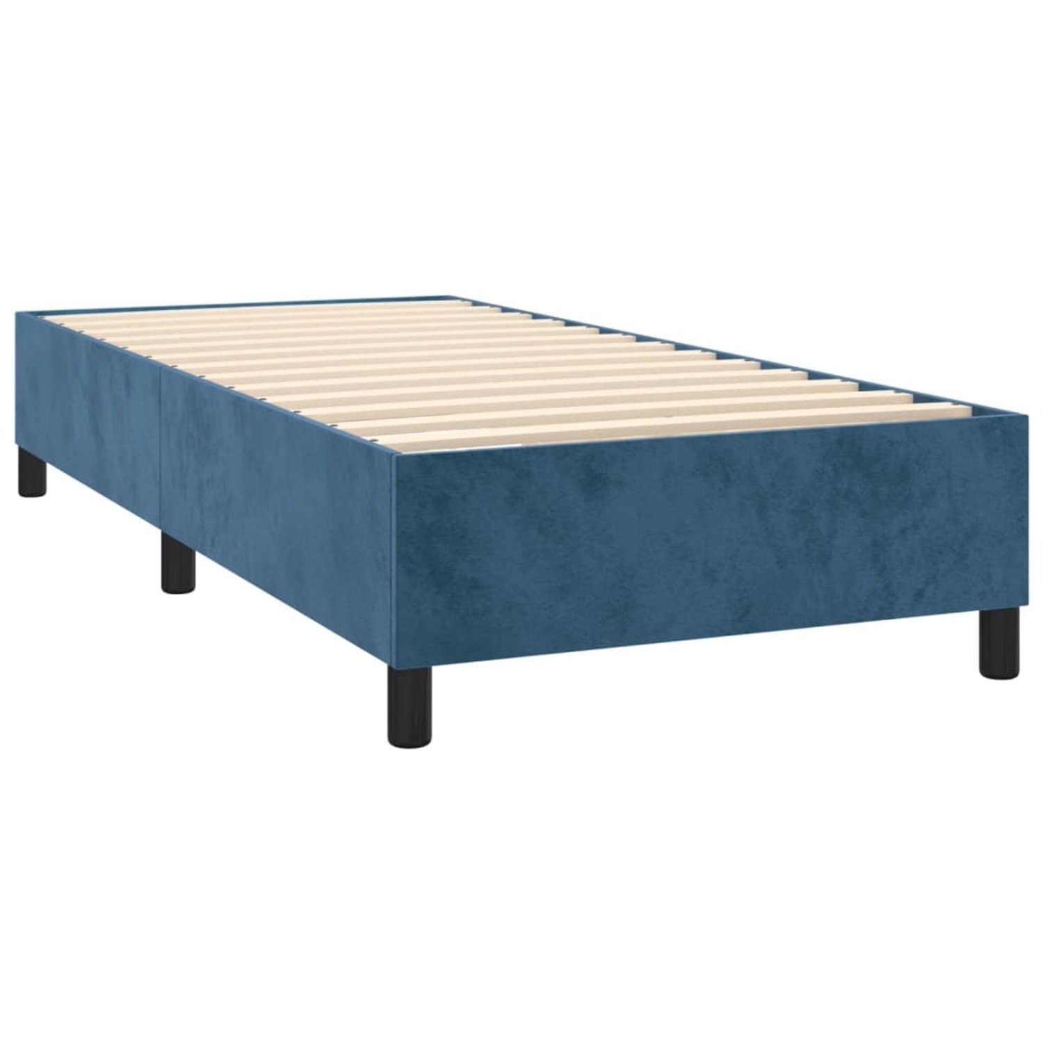 Boxspringbett dunkelblau (80x200 cm) mit Samtbezug und Lattenrost.