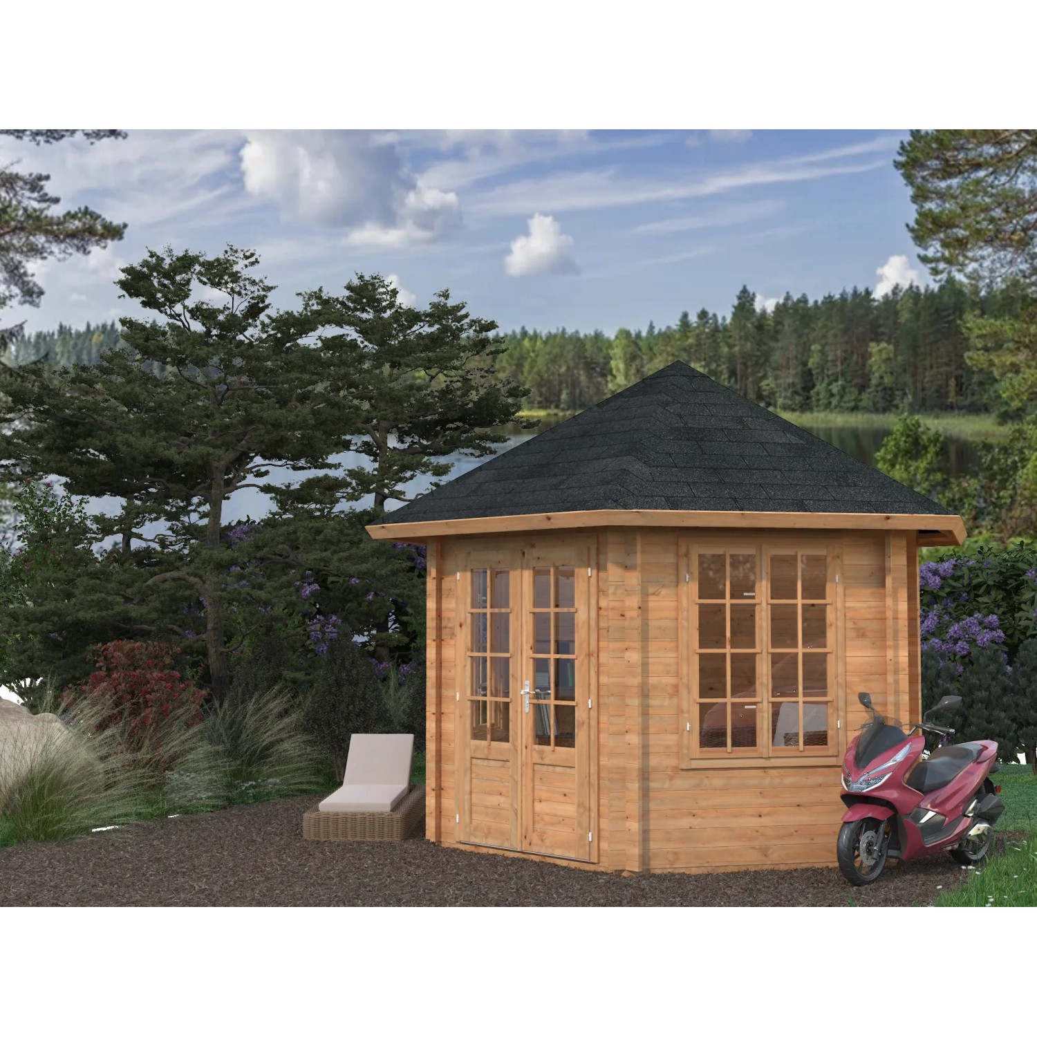 Palmako Holz-Pavillon Hanna mit braunem Fußboden, 303x303 cm, im Garten mit Liege und Roller.