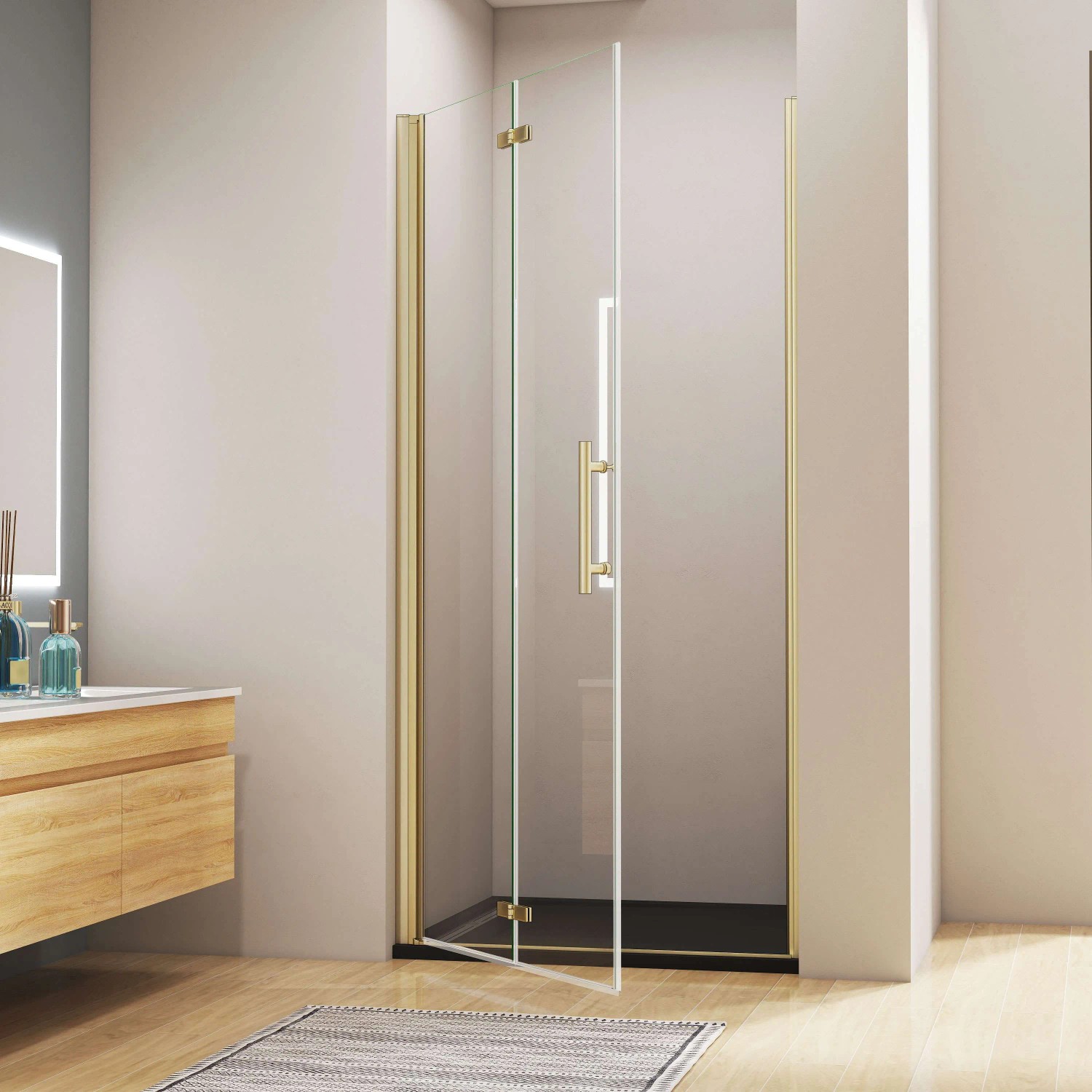 AICA Nischentür, 80cm, gold gebürstet, Falttür/Drehtür, 6mm ESG Glas für Duschkabinen.