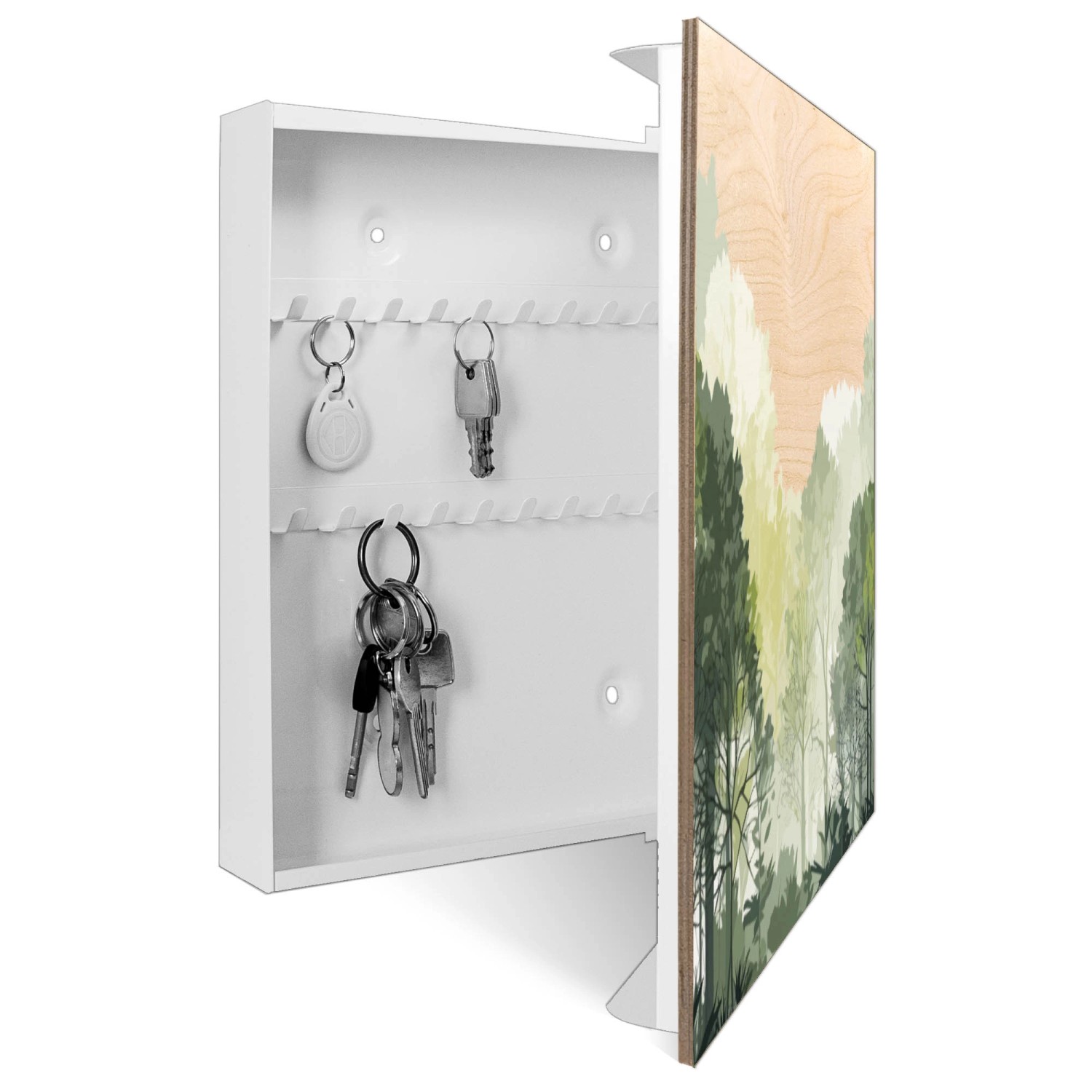 Weißer Schlüsselkasten aus Holz mit Waldmotiv, 50 Haken, Scharnier rechts, 30x30cm. Praktische Schlüsselaufbewahrung.