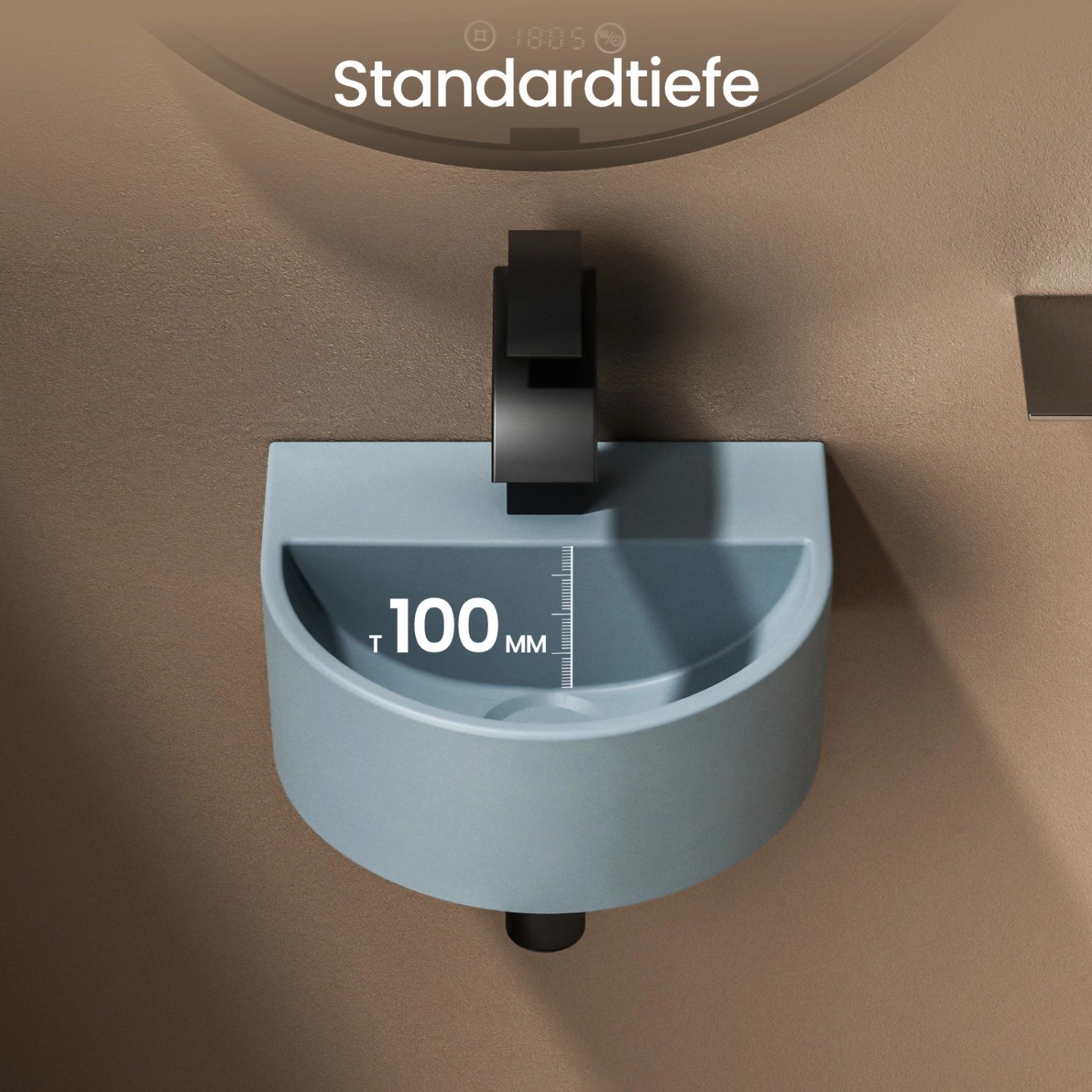 U-förmiges, hellgrau-blaues Emke Mini-Waschbecken aus Keramik zur Wandmontage mit schwarzer Armatur.