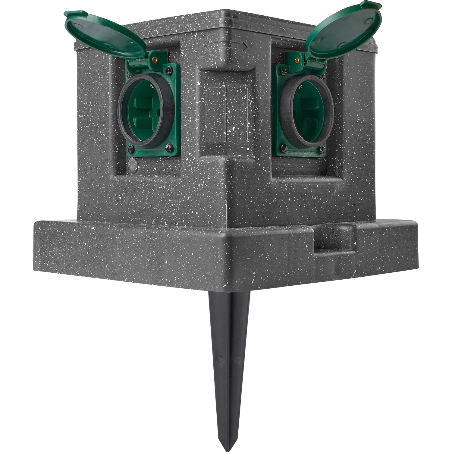 Gartensteckdose in Steinoptik mit 4 Steckdosen und Erdspieß für den Außenbereich.
