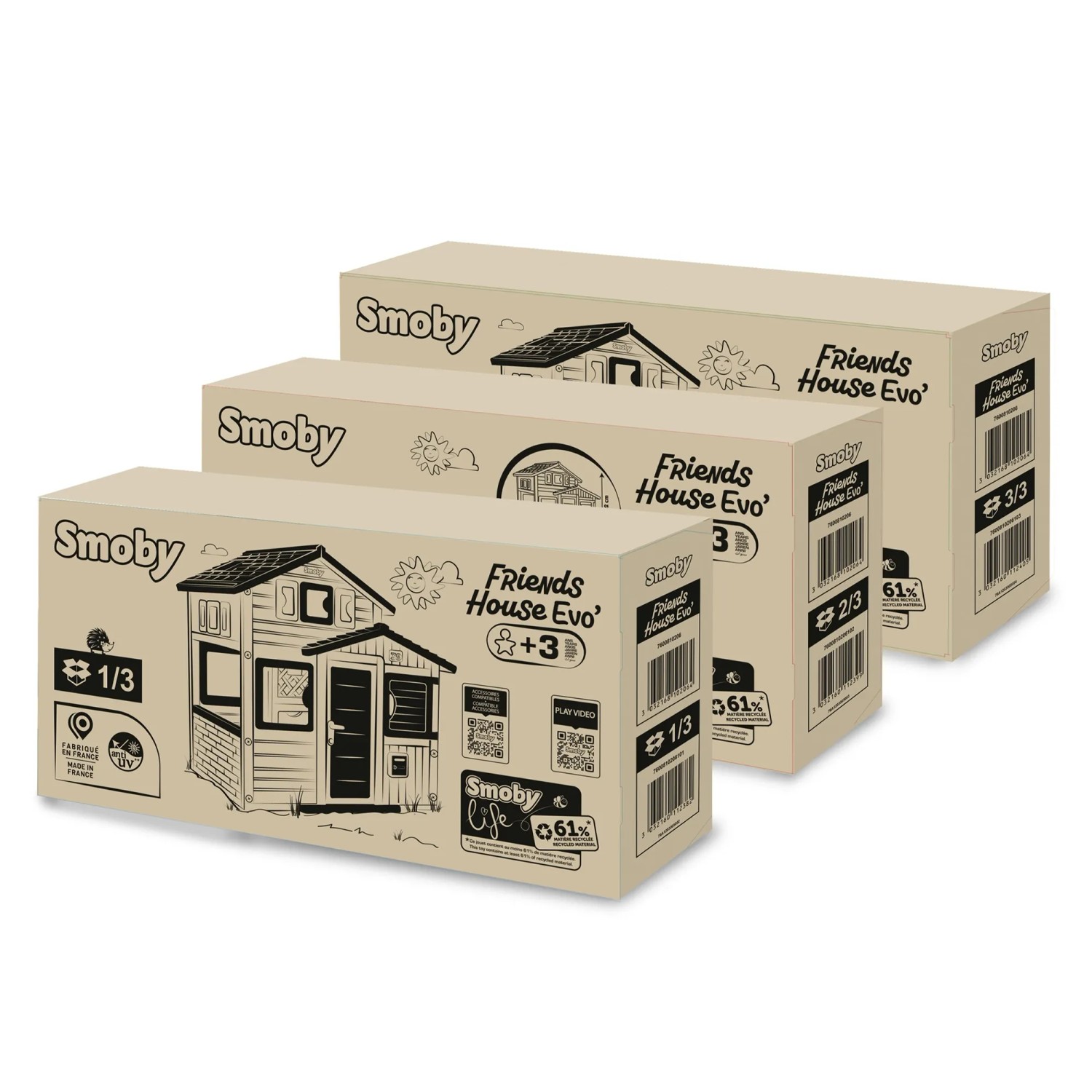 Verpackung des Smoby Life Spielhaus Evo Friends, Bausatz für Kinder ab 3 Jahren.