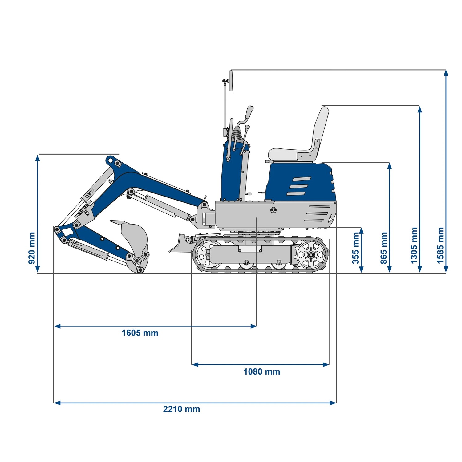 Maßzeichnung Scheppach Benzin-Mini-Bagger EXC815: Abmessungen und Details des Baggers.