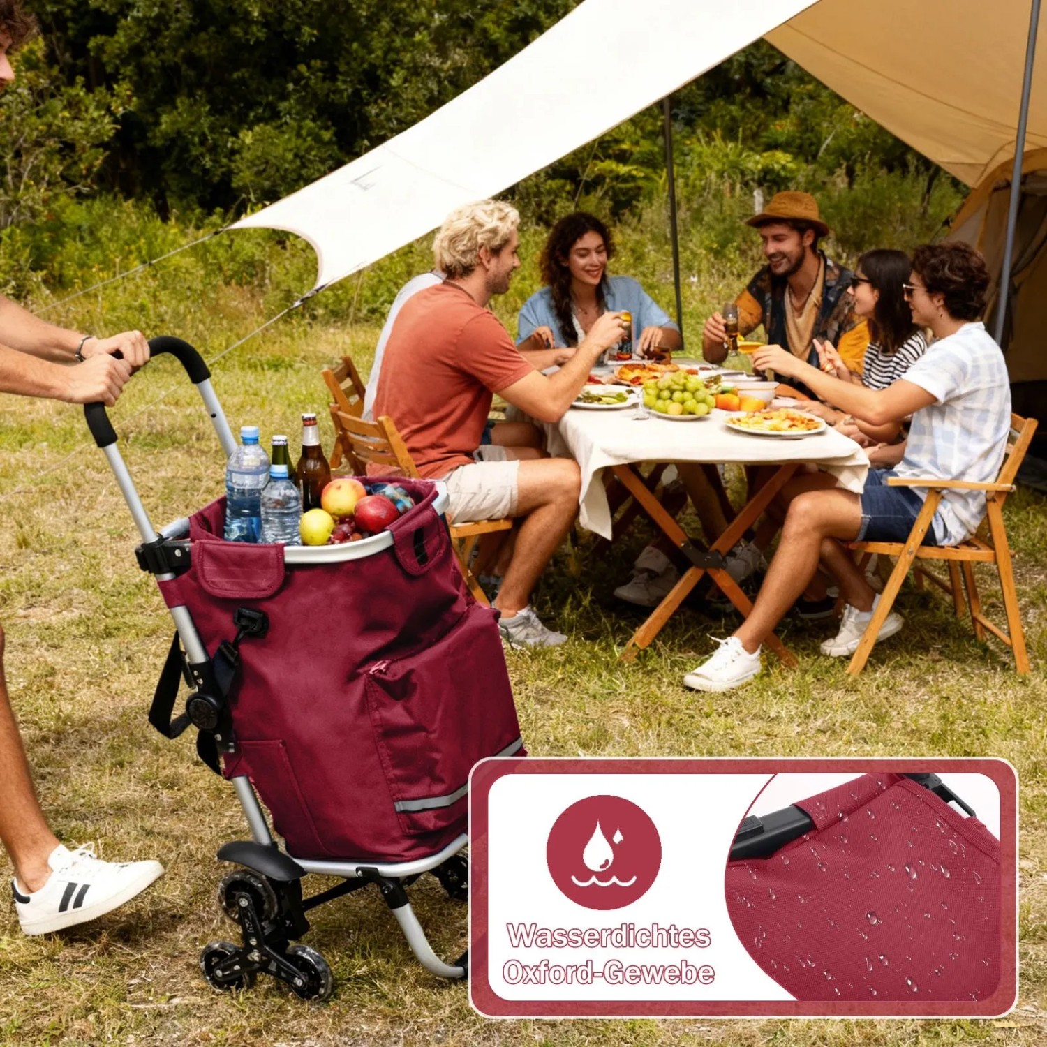 Sekey 3-in-1 Einkaufstrolley Treppensteiger rot mit Kühlfach und Spanngurt vor Picknick-Szene.