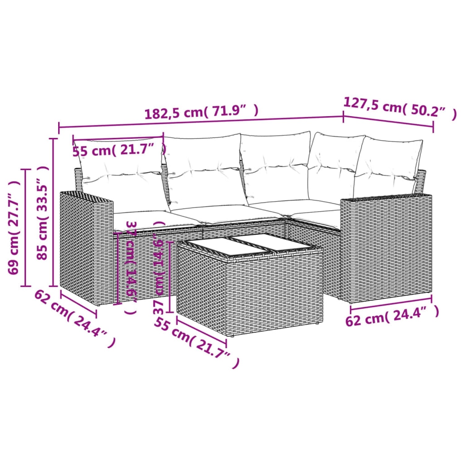 vidaXL 5-tlg. Garten-Sofagarnitur, beige Poly Rattan, mit Maßen. Ideal für Terrasse und Garten.
