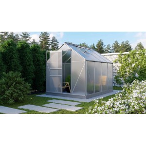 Vitavia Gewächshaus Planet 5000 mit HKP-Verglasung und Alurahmen im Garten.