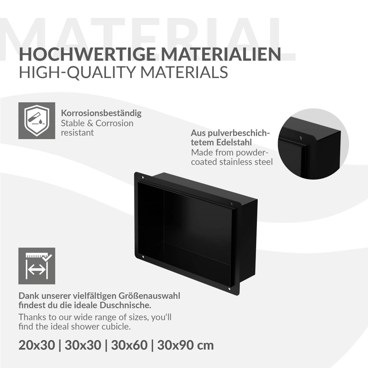 Schwarze LuxeBath Wandnische aus Edelstahl, 20x30x10cm, randloses Einbauregal für Dusche.